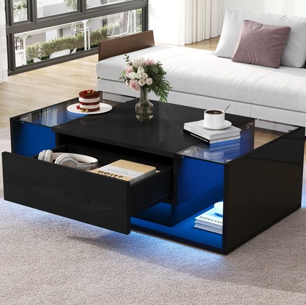 Couchtisch 100x50x31 cm mit Schublade und LED – Wohnzimmertisch in Schwarz mit Glas und Hochglanz