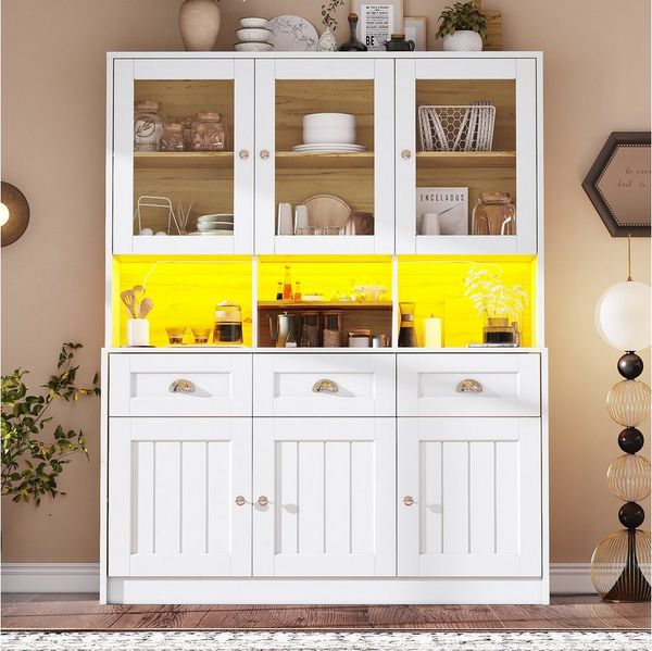 i@home Küchenbuffet Vitrinenschrank mit LED-Beleuchtung 140×40×175cm Weiß/Schwarz LED-Beleuchtung mit Farbwechsel, Kippsicherung, moderne Vitrinenoptik