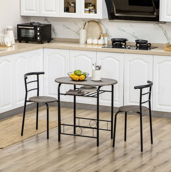 Esstisch-Set H 74,5 x T 53 x B 80 cm aus MDF-Holz und Metall mit Regal, platzsparend mit 2 Stühlen