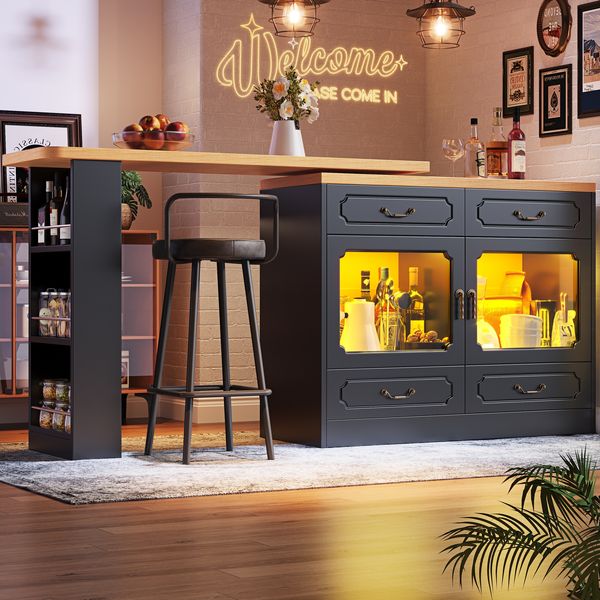 Bartisch mit LED-Beleuchtung & App-Steuerung 135-203x39x92,8 cm, 360° drehbar, schwarz