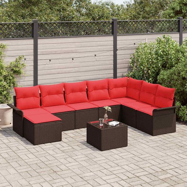 vidaXL Garten-Sofa-Set mit Kissen mit Speicher 9 pcs Braun Poly Rattan 3354163