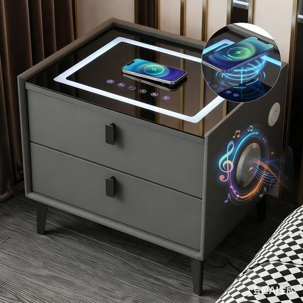 oyajia Nachttisch Nachtschrank mit Bluetooth-Lautsprecher & Kabelloser Ladefunktion (Touch-Bedienung, Elegantes Spiegel-Design), Modern Hochglanz Nachtschrank mit 2 Schubladen