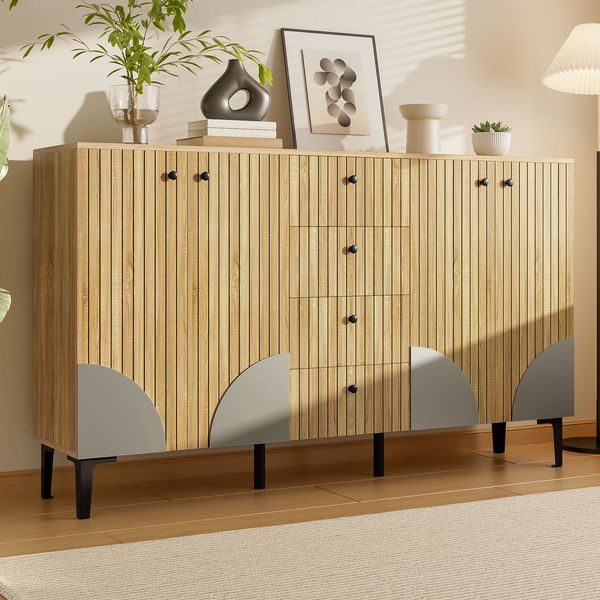 Sideboard Naturfarbe für das Wohnzimmer mit 4 Türen und 4 Schubladen 160×36×94 cm aus Spanplatte