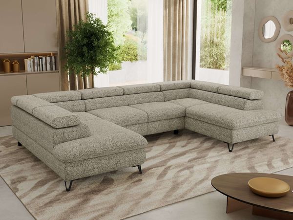 MKS Möbel 'Pablo U-Form' Wohnlandschaft mit Bettkasten, Beige, Struktur, ohne Topper