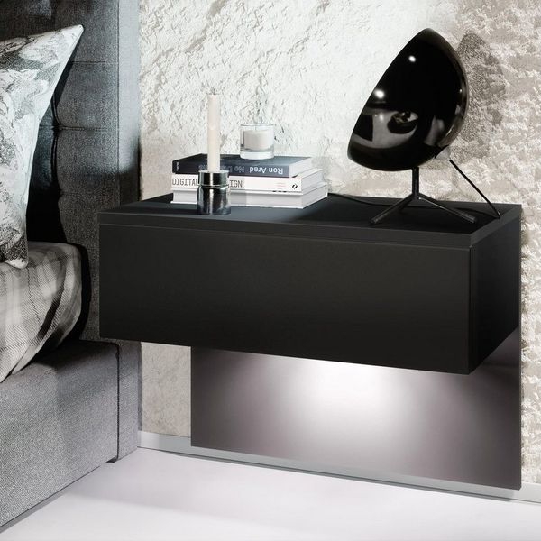 Vladon Nachttisch Sleep, Nachttischschrank mit Schublade zur Wandmontage, Schwarz matt/Schwarz matt, inkl. LED-Beleuchtung (60 x 46 x 35 cm)