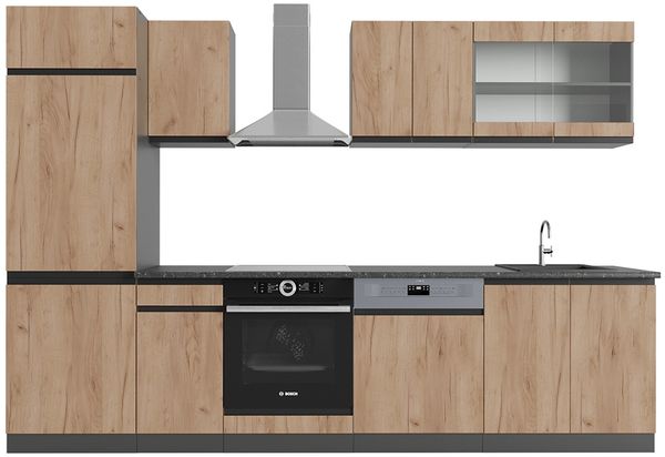 Küchenzeile R-Line Goldkraft Eiche/Anthrazit 300 cm J-Shape, AP Anthrazit Vicco