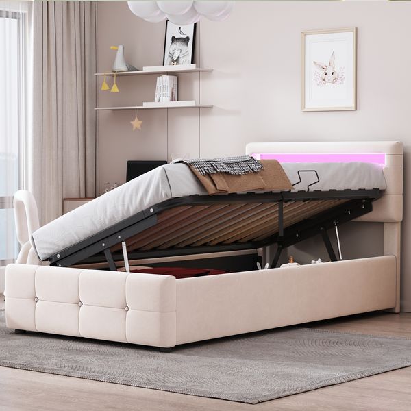 Polsterbett 90x200 cm mit LED-Beleuchtung und hydraulischem Stauraum – Samt, höhenverstellbares Kopfteil, Beige