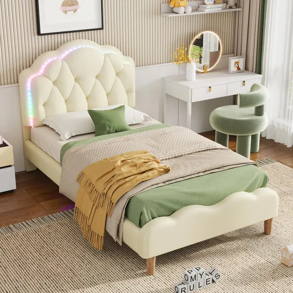 Polsterbett mit LED-Beleuchtung, 90x200 cm, gepolsterter Kopfteil, Einzelbett, Jugendbett, Kinderbett, Kunstleder