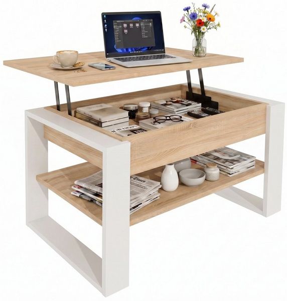 TREND WERK Couchtisch Lift-Couchtisch höhenverstellbar Sofatisch 92×55 cm mit Stauraum (verstecktem Fach Wohnzimmertisch Holz modern)