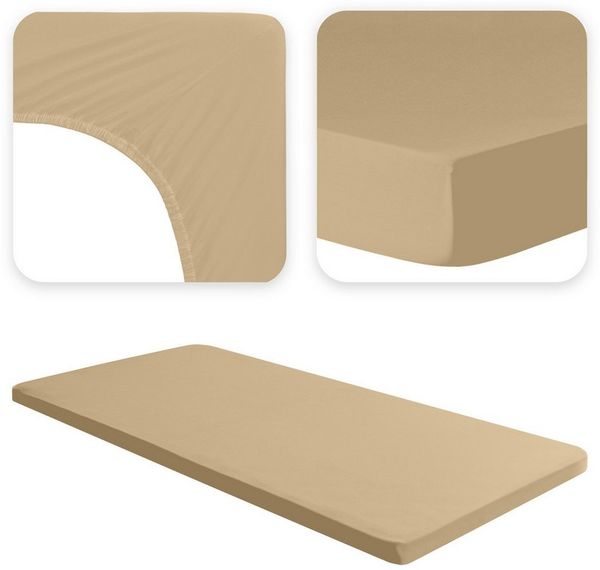 Jacobson Jersey Spannbettlaken Spannbetttuch Baumwolle Bettlaken (Topper 140-160x200 cm, Beige)