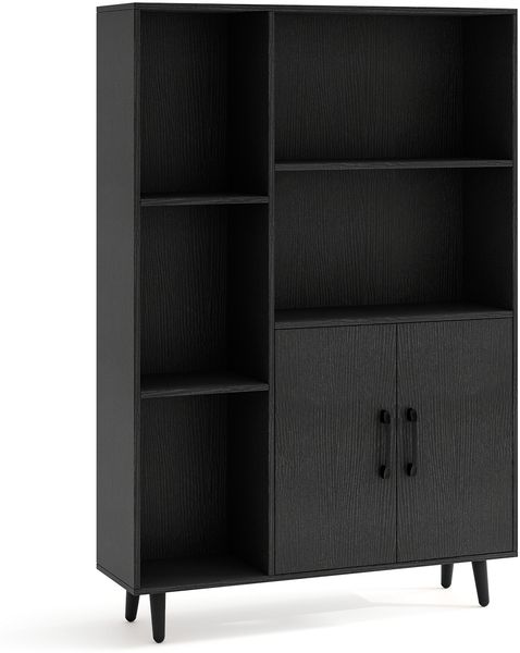 Bücherschrank mit Türen & Offenes Fächern Bücherregal Standregal Büroregal Sideboard Schwarz