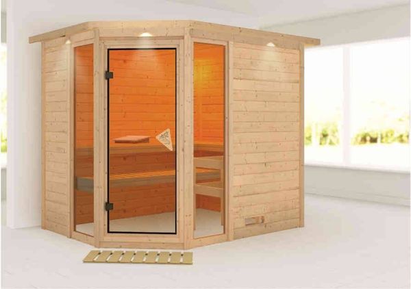 Karibu Sauna Innenkabine Sinai Innensauna 3 Sitzbänke aus Holz Saunakabine mit 40 mm Wandstärke Dampfsauna mit Montagematerial