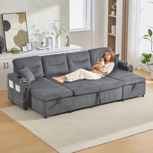 Moderner 4-Personen-Samtsofa mit beidseitigen Chaiselongues,integriertem Stauraum Getränkehaltern USB-Anschlüssen und ausziehbarer Schlaffunktion stilvoll für jedes Wohnzimmer,Samt,Kohleschwarz,