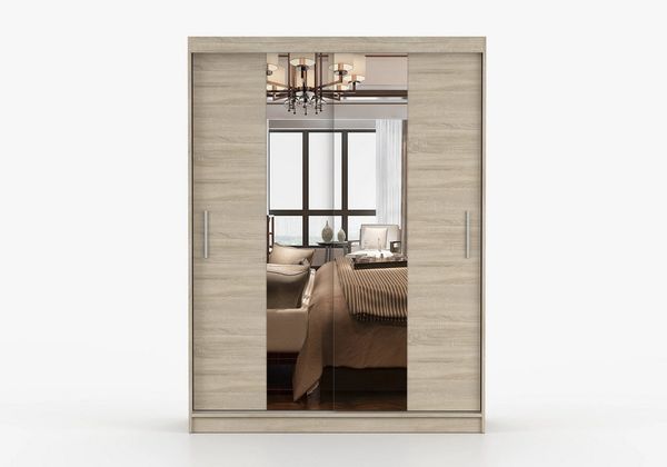 Fabryka Mebli Idźczak Schiebetürenschrank, eleganter Kleiderschrank Schrank Garderobe Spiegel Vista 01, Schlafzimmer- Wohnzimmerschrank Schiebetüren Modern Design (Sonoma/Sonoma)