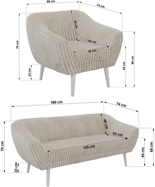 Wohnzimmerset, Möbelset PIRS 3-3-1, Armlehnen, Wellenfederung, weiße Füße, Dreisitzer Sofas mit Sessel, Polstermöbel Set - Beige Cord Bild 5