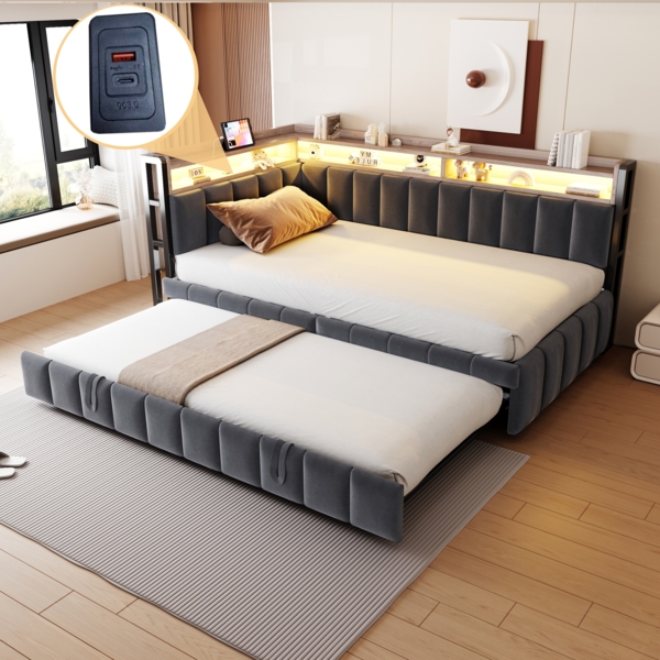 Merax Polsterbett Schlafsofa 90x200cm Einzelbett Daybett mit Ausziehbett, LED-Beleuchtung und Ablagefächern am Kopf- und Fußende, mit USB- und Typ-C-Anschlüssen, Samtstoff Dunkelgrau