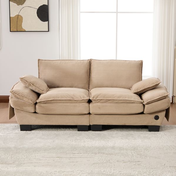 2-Sitzer Sofa aus Corduroy mit USB-Anschluss & Seitentaschen, 190x73x84 cm, Khaki