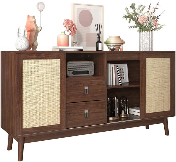 Sideboard mit 3 Schiebetüren aus echtem Rattan und 2 Schubladen, 155 x 38 x 80 cm, atmungsaktiv, stabil und vielseitig