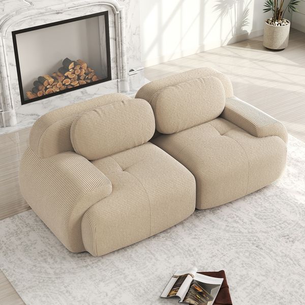 Ecksofa modular in Beige, Cordstoff, rahmenlos, mit geschwungenen Armlehnen und rutschfester Unterseite,208x103x75 cm