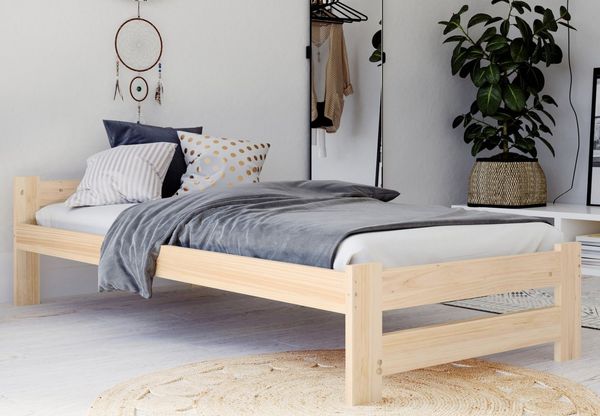 Home Collective Holzbett mit Lattenrost Modern Bett Kiefer Bettgestell Massivholzbett Klassisch (90x200, 120x200, 140x200, 160x200 cm), Einzelbett, Skandi Boho Landhaus Kopfteil flach 100x200 cm natur