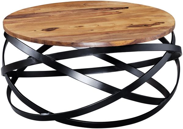 Couchtisch MANUR 60 x 30 x 60 cm Sheesham Massivholz / Metall Sofatisch, Design Wohnzimmertisch Rund, Stubentisch Industrial Braun, Designer Holztisch Kaffeetisch Massiv, Tisch Wohnzimmer