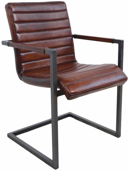Casa Padrino Luxus Leder Esszimmer Stuhl mit Armlehnen Dunkelbraun / Grau - Esszimmer Möbel