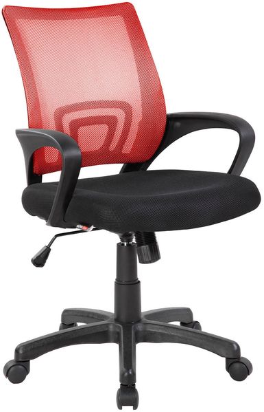 Dmora Stuhl mit Rädern Reticolo, Netzarbeitsstuhl mit Armlehnen, ergonomischer Bürositz, 59x54h90/100 cm, Schwarz und Rot