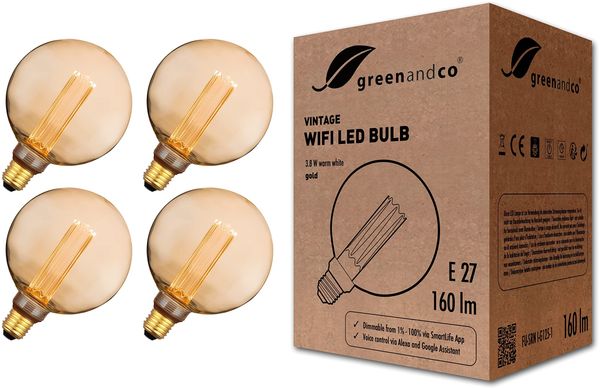 greenandco 4x Smart WiFi Vintage Design LED Lampe | E27 G125 | 3,8W 160lm | 1800K | 320° | 230V | flimmerfrei | dimmbar | kompatibel mit Alexa und Google Assistant | WLAN (ohne Hub)