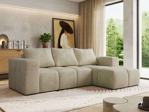 Ecksofa mit Schlaffunktion und Bettkasten, L-form Couch, lose Kissen, Polstersofa - MONIVA - Beige Velours - rechte Seite