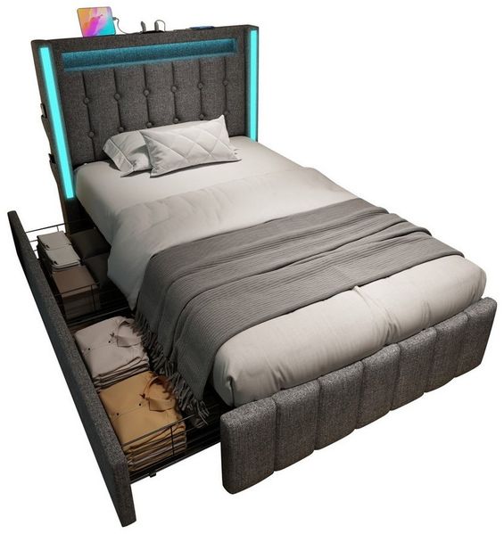 Flieks Polsterbett, LED Beleuchtung Einzelbett 90x200cm mit Ladefunktion und 2 Schubladen