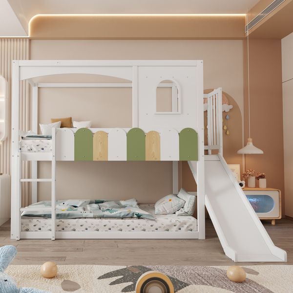 Etagenbett Kinderbett 90*200 cm Hausförmiger Rahmen Mit Fenstern, Unregelmäßiges Mehrfarbiges Geländerdesign, Mit Rutsche und Sicherheitsleiter, Hochbett, Weiß