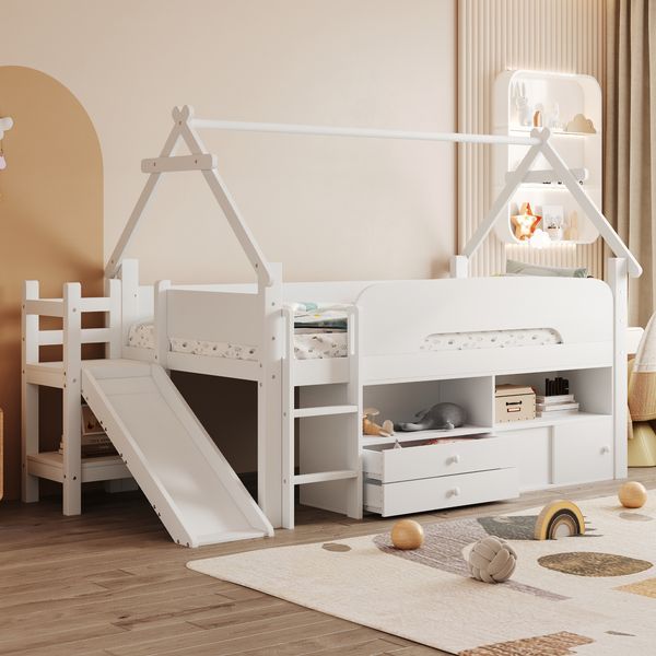 Merax Kinderbett 90 x 200cm, Massivholzbett Einzelbett Hochbett, dachförmigem Rahmen, mit Sicherheitsrutsche, mit Schubladen und Sicherheitsgeländer, Multifunktionsbett Weiß