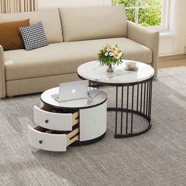 2er Couchtisch Set rund in Weiß, Wohnzimmertisch mit Marmoroptik Hochglanz, Beistelltisch mit Schubladen, modernes Tischset MDF
