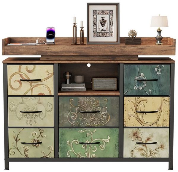 FUROKOY TV-Schrank Kommode mit 8 Schubladen aus Stoff (Fernsehschrank Sideboard Metallgestell, Industrie-Design) für Schlafzimmer Wohnzimmer Flur, 108 x 30 x 82cm