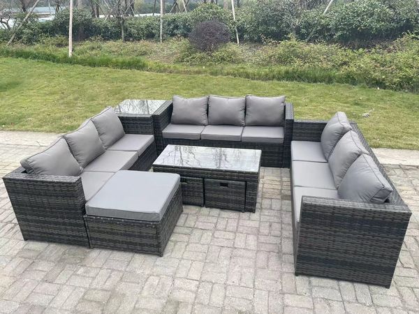 Fimous Rattan-Gartenmöbel-Lounge-Sofa-Set im Freien mit länglichem rechteckigem Couchtisch Großer Fußhocker und 2-kleinen Hocker-Beistelltisch