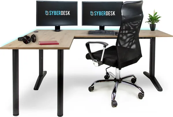 SyberDesk Gaming Eckschreibtisch V2 LED, 197 x 132 cm, RGB Gaming Tisch L-Form, USB-HUB, Kabelmanagement, Artisan-Eiche, (links-Eichenstil)