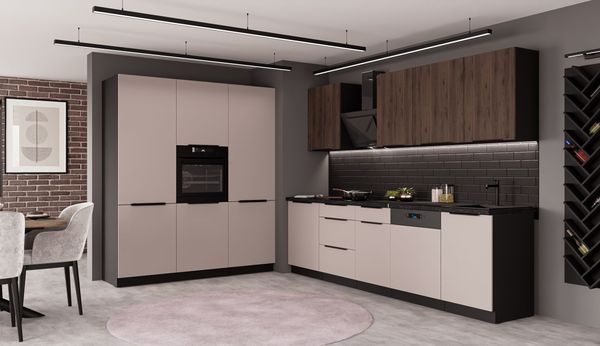 Küche ARONA + MONZA 280 + 180 cm Küchenzeile Küchenblock Einbauküche Kaschmir beige matt + Nußbaum + Schwarz matt
