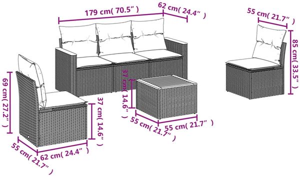 vidaXL 6-tlg. Garten-Sofagarnitur mit Kissen Schwarz Poly Rattan 3225853 Bild 7