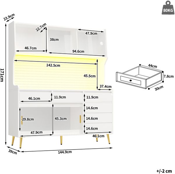 Hochschrank mit LED-Beleuchtung & Schiebetüren, 145x39x171 cm, Weiß Bild 3