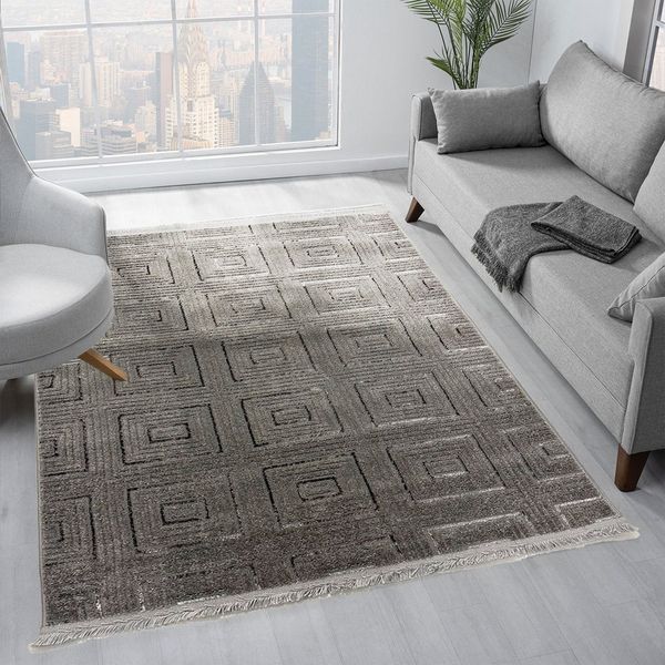 Vimoda Teppich Teppich Wohnzimmer neues dünn Designteppich kariert moderne, Rechteckig, Höhe: 5 mm, Kurzflor Teppich 3D, Sommer/Winter, glänzenden Linien, Fransen