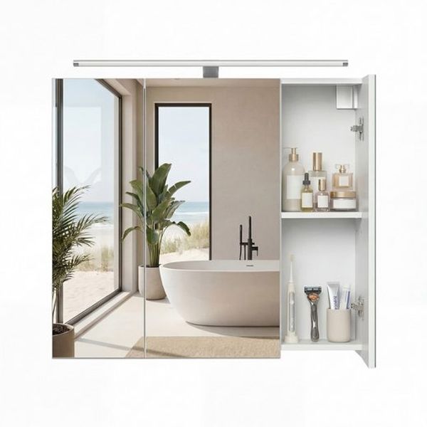 VASAGLE Spiegelschrank, Hängeschrank mit verstellbaren Ablagen, Beleuchtung, 3 Türen, modern, 15 x 70 x 60 cm, weiß