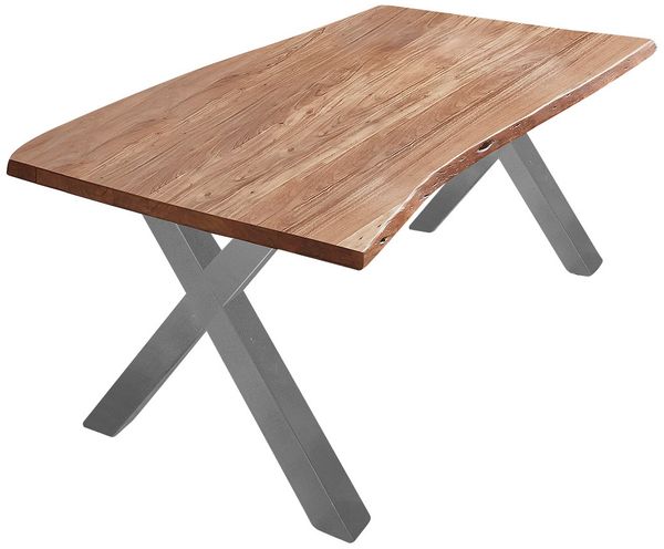 Esstisch Baumkante massiv Akazie natur 180 x 90 X-Gestell silber XANTEN 70288243