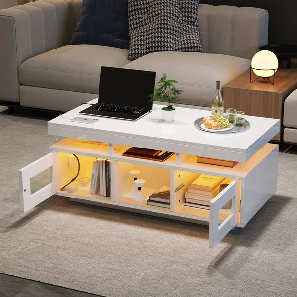 Couchtisch Sofatisch Wohnzimmertisch, Hochglanzoptik, LED-Beleuchtung per App steuerbar, Schrank mit Ladeanschluss und Steckdose, geeignet für Büro und Arbeitszimmer, Holz, weiß, 100 x 50 x 43 cm