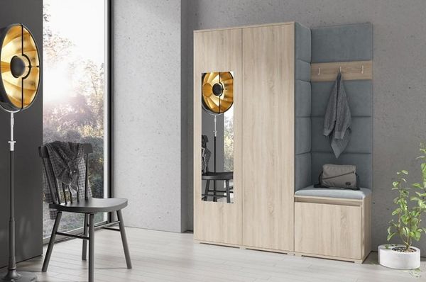 Garderoben-Set Harry, Moderner Kleiderschrank mit Polsterplatten und Schuhschrank – Ideal für Flur und Eingangsbereich (Sonoma Eiche, Trinity 14), 185 x 40 x 140 cm