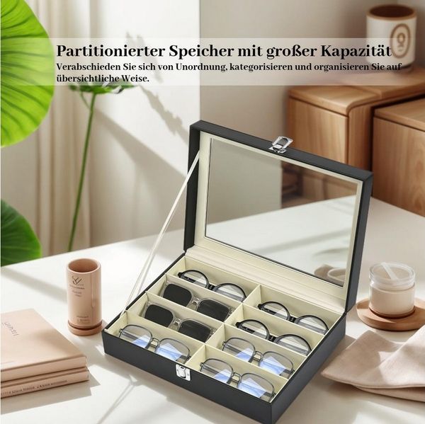 BlingBin Aufbewahrungsbox Schmuckkasten Brillenbox zur Aufbewahrung von 8 Brillen (1er Set, 1 St, 8 Fächer), 34 x 25 x 9 cm Sonnenbrillen Präsentation Brillendisplay