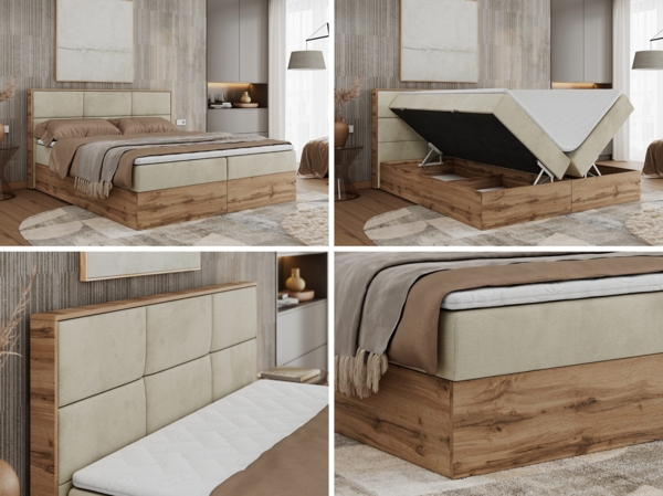 Boxspringbett mit Kopfteil und Topper, Polsterbett - ALBERO 2 - 160 x 200 cm - Beige Velours - H4 Bild 2
