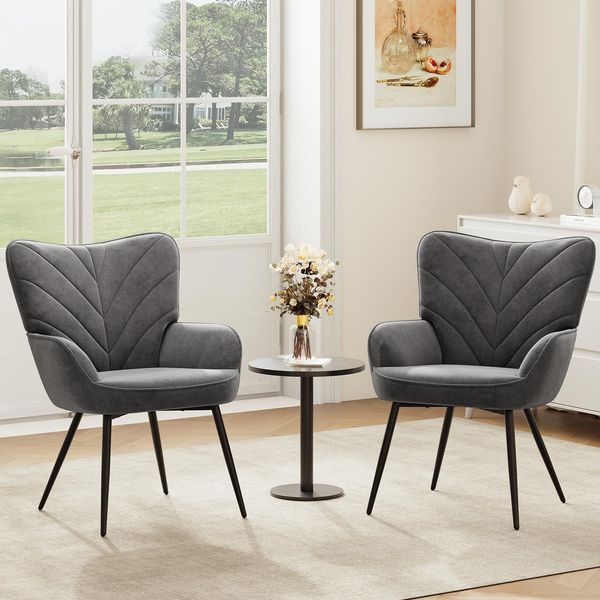 COLAMY Wohnzimmer Sessel 2er Set, Samtbezogener Relaxsessel mit hoher Rückenlehne, Gepolsterter Komfortsessel mit Wingback-Design, Lounge Chair mit Holzbeinen für Wohnzimmer, Leseecke, Grau