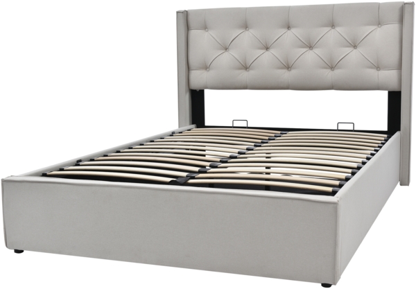 Merax Hydraulisches Polsterbett 140x200 Stauraumbett Doppelbett aus Baumwolle mit Metallrahmen & Lattenrost HellGrau