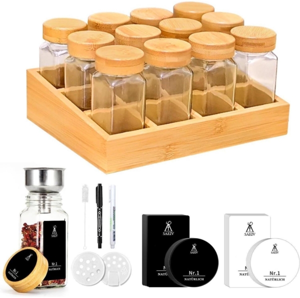 SAEIV Gewürzregal Holz Bambusfächern 12 Gläsern 120ml Organizer