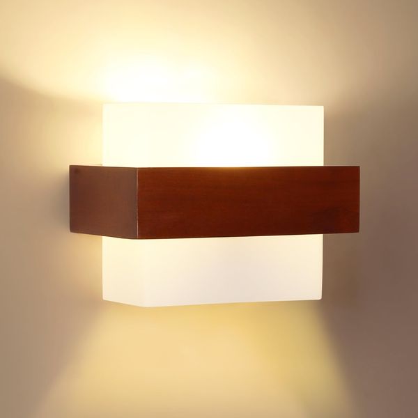 Comely Wandleuchte Innen Holz, Moderne Wandlampe Innen Weiß Lampenschirm aus Glas, Elegante Innenbeleuchtung mit E27 Fassung für Wohnzimmer Korridor Schlafzimmer Flur
